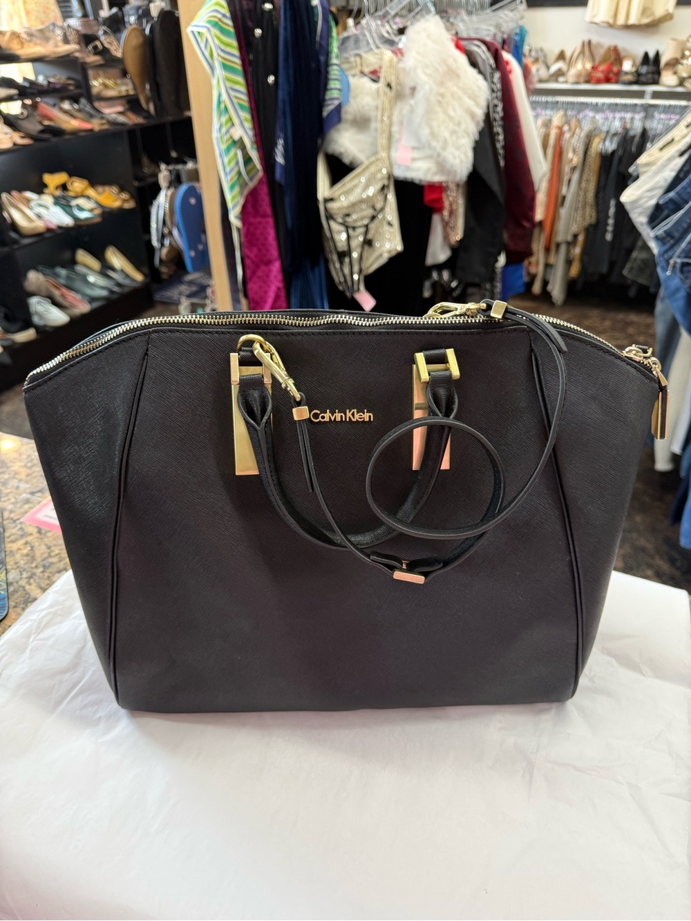 Calvin Klein Black Saffiano Satchel Shoulder Bag Gold Hardware NWT